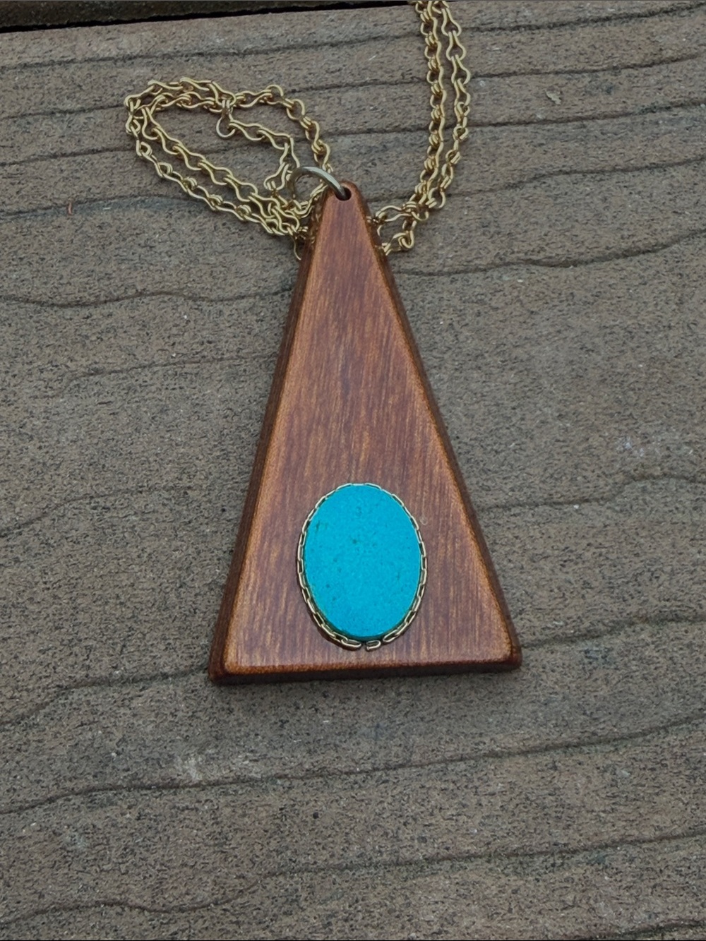 Vintage Unique Wood Triangle Necklace with Turquoise Pendant